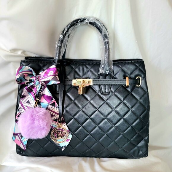 Badgley Mischka Medium Diamond Quilted Tote W/ Front Lock, Bow & PomPom ~ NWT - Picture 1 of 10